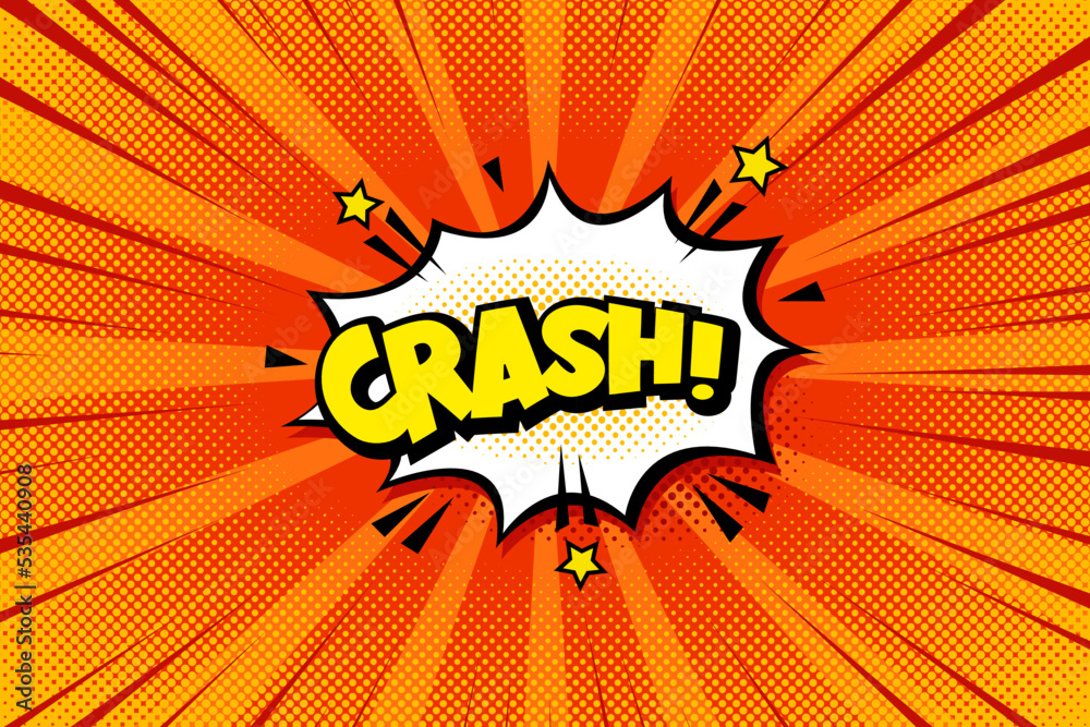 Crash comic speech bubble with cloud, rays and halftone effect red