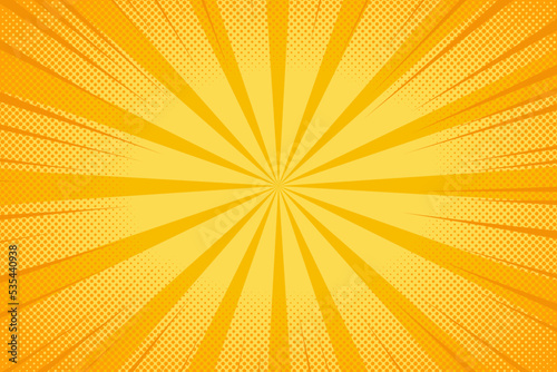 Pop art comic yellow background with halftone, rays, gradient. Vector cartoon illustration in retro style. Design for comic book, poster, banner