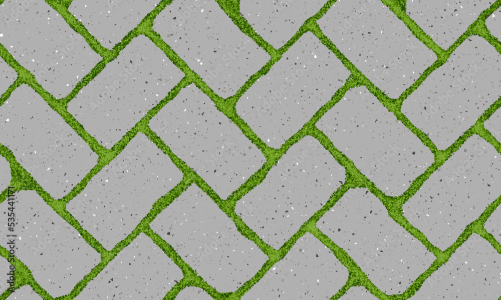 Seamless pattern of old pavement with moss and herringbone textured bricks. Vector pathway texture top view. Outdoor concrete slab sidewalk. Cobblestone footpath or patio. Concrete block floor
