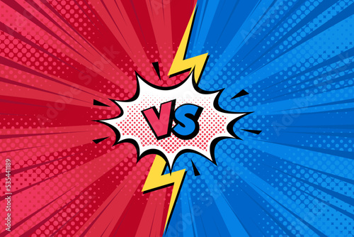 Fight versus pop art comic red blue  background with halftone, rays, cloud. Vector cartoon illustration in retro style. Design for comic book, poster, banner, competition