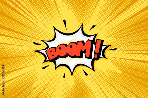 Boom comic speech bubble with cloud, rays and halftone effect yellow background. Pop art vector cartoon illustration in retro style. Design for comic book, poster, banner