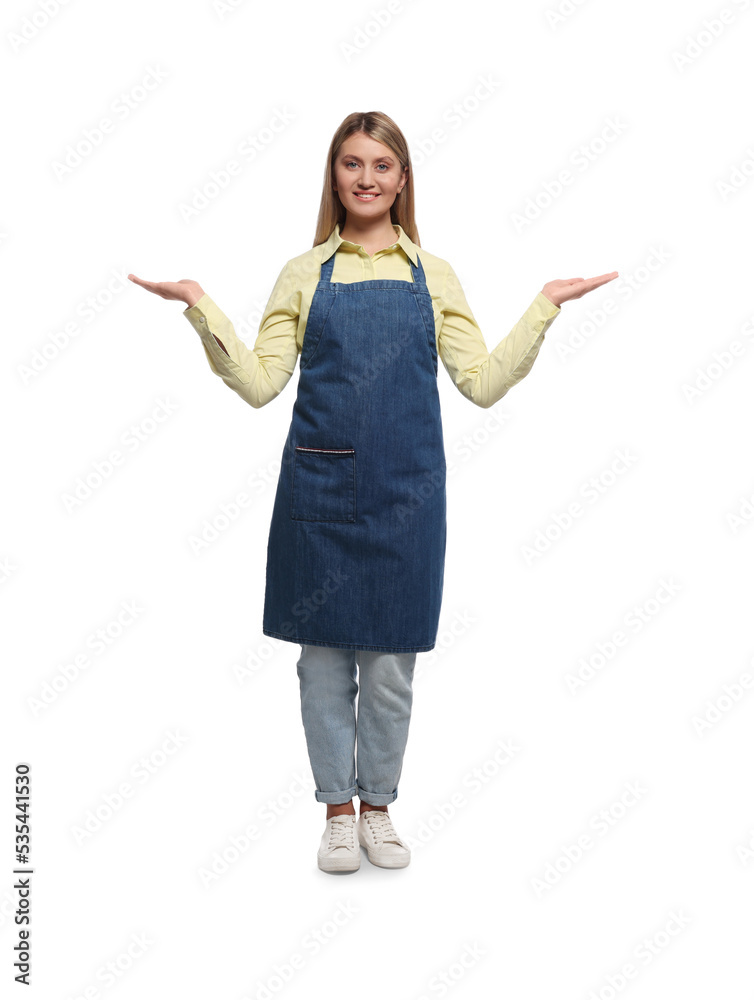 Beautiful young woman in denim apron on white background Beautiful young woman in denim apron on white background