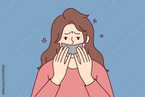 Scared young woman with tape on mouth suffer from speech censorship. Terrified female have freedom of speech limitation. Discrimination and harassment. Vector illustration. 