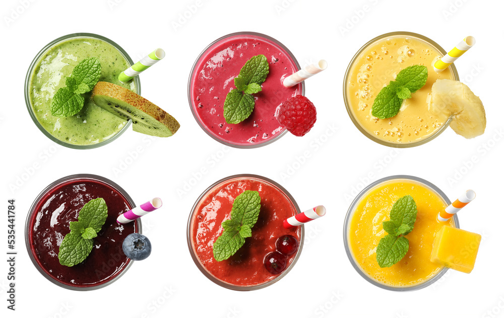 Set with different tasty smoothies on white background, top view