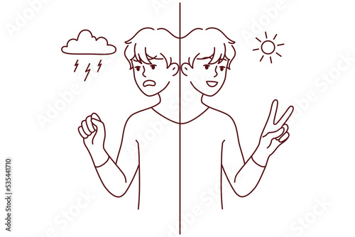 Young man in different mood suffer from mental or psychological problem. Mad and happy male mood swings. Bipolar disorder. Vector illustration. 