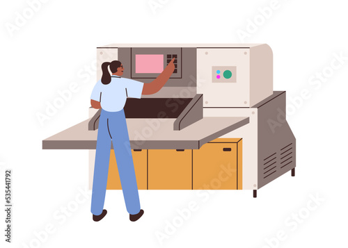 Industrial polygraphy cutter machine work. Person worker in typography industry, printing house. Woman working with cutting equipment. Flat graphic vector illustration isolated on white background photo