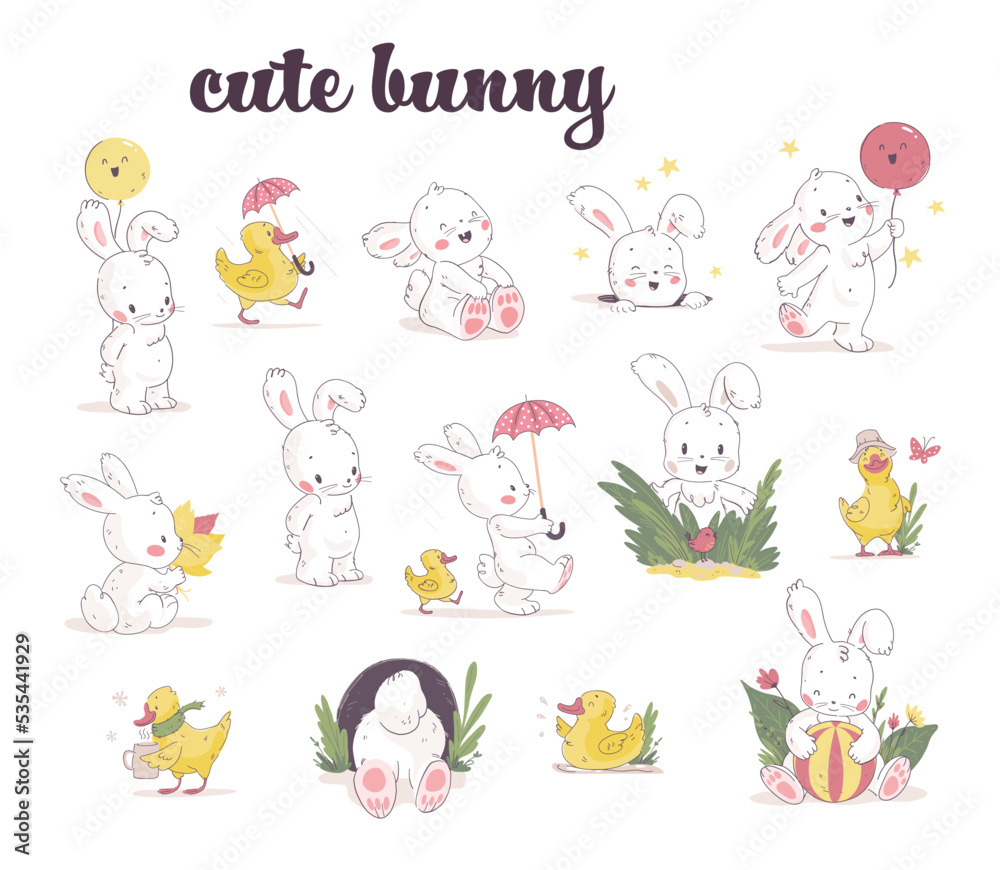 Collection of cute adorable white bunny with balloon, gift, carrot isolated. Vector flat cartoon illustration. For children cards, prints.