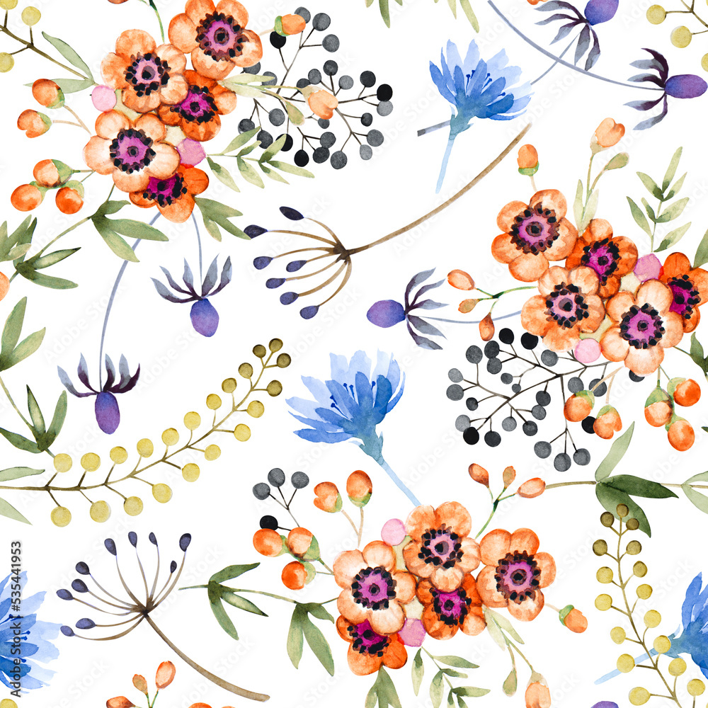 Seamless floral pattern of beautiful little red flowers, blue chicory flowers, various field plants and herbs on white background. Cartoon style. Hand drawn watercolor. Seamless floral pattern of beautiful little red flowers, blue chicory flowers, various field plants and herbs on white background. Cartoon style. Hand drawn watercolor.