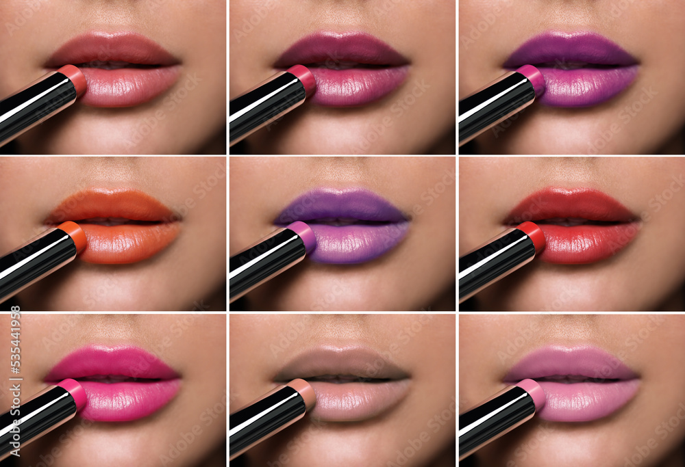 Obraz premium Collage with photos of woman applying different beautiful lipsticks, closeup