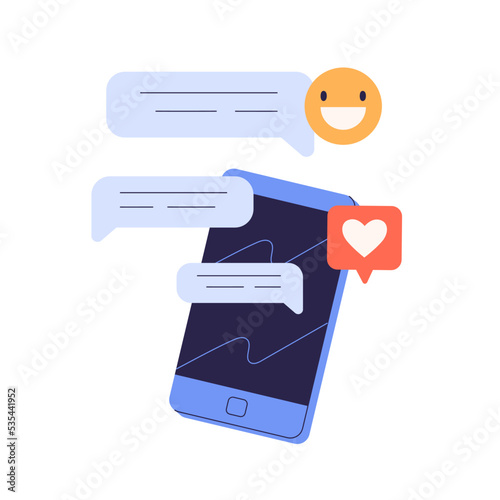 Online communication with mobile phone concept. Receiving messages, comments, likes, emojis in internet chat, social media, smartphone messenger. Flat vector illustration isolated on white background