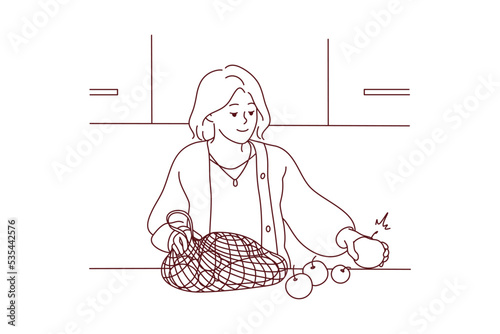 Woman unpacking bag with fresh fruits and vegetables. Smiling female shopping for organic products follow healthy nutrition diet. Vector illustration. 