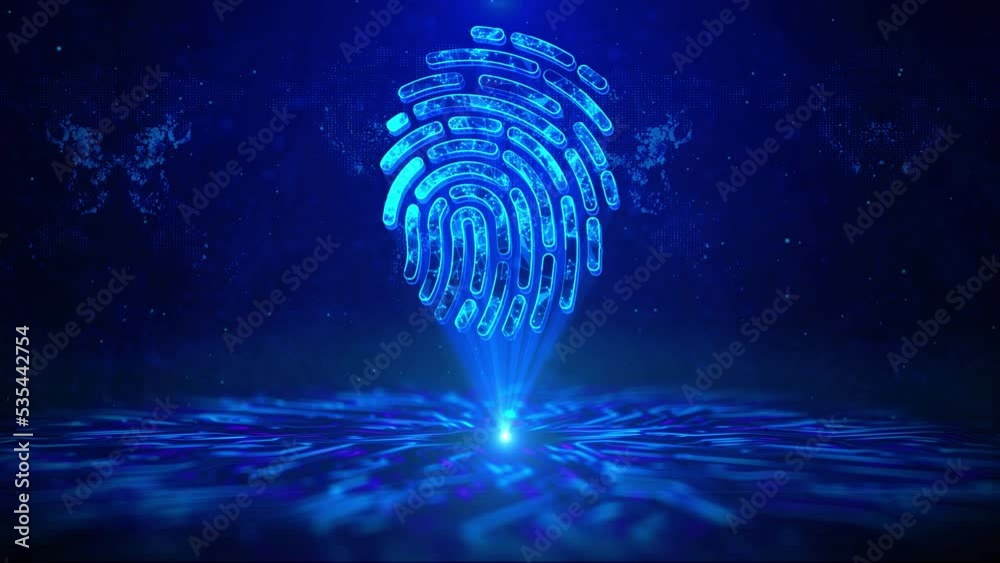 Fingerprint Text with HUD Rotation Digital Technology interface Sci Fi Hologram Cyberspace. future of security and password control through fingerprints in an immersive future and cybernetic, business