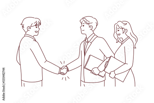Smiling businesspeople shake hands get acquainted at meeting. Happy business partners handshake close deal or make agreement. Vector illustration. 