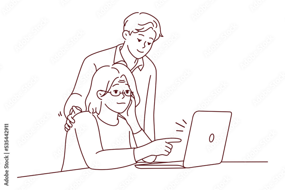 Young guy help old grandmother with laptop work. Mature grandma sit at desk working on computer with grandchild assist. Vector illustration. 