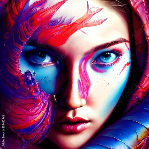 Colorful and psychedelic paiinted portrait of a girl photo