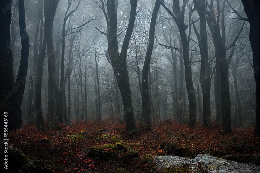 Obraz premium mystical landscape in the beech forest with few leaves shrouded in dense fog in the cold season. High quality illustration