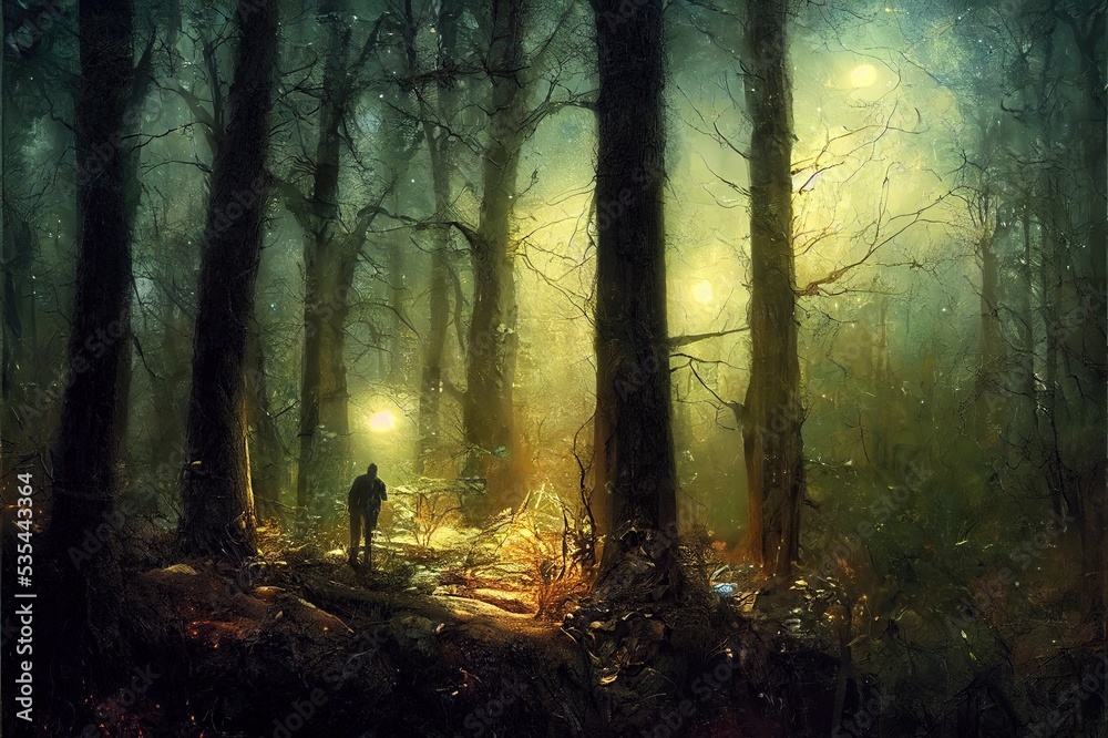 man in dark woods at night, mysterious forest landscape. High quality illustration man in dark woods at night, mysterious forest landscape. High quality illustration