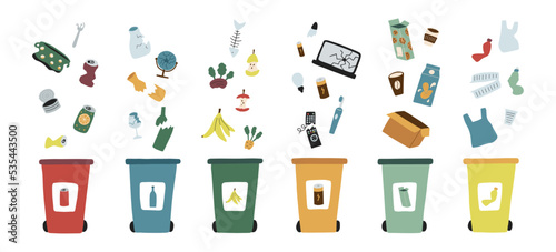 Garbage sorting concept witр trash bins and different type of waste