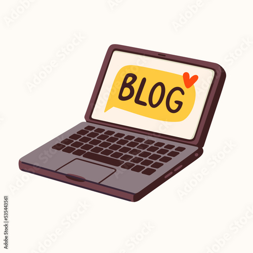 laptop sticker for a social media, making a blog or vlog vector flat illustration. Set of cartoon icons for making internet content
