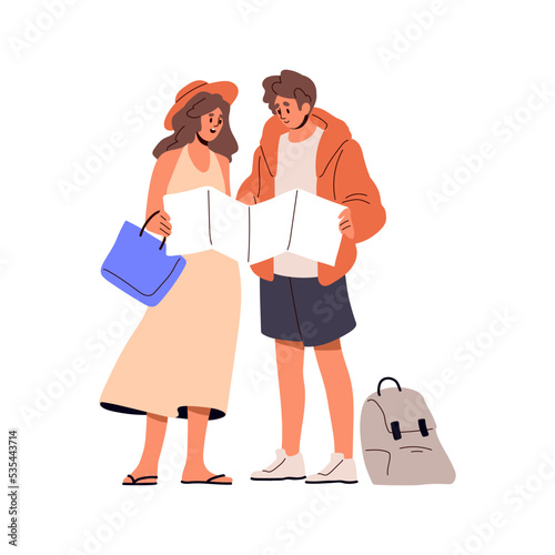 Tourists couple holding paper map, looking for route, searching location for sightseeing. Happy man and woman with travel guide in hands. Flat vector illustration isolated on white background