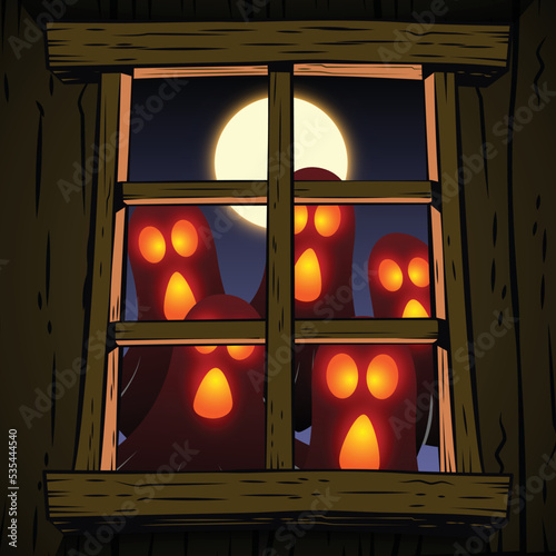 Halloween night background with house and creepy ghost, illustration