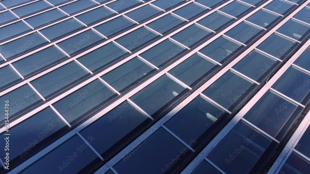 Full screen of roof windows, aerial drone closeup view of modern roofing, copy space