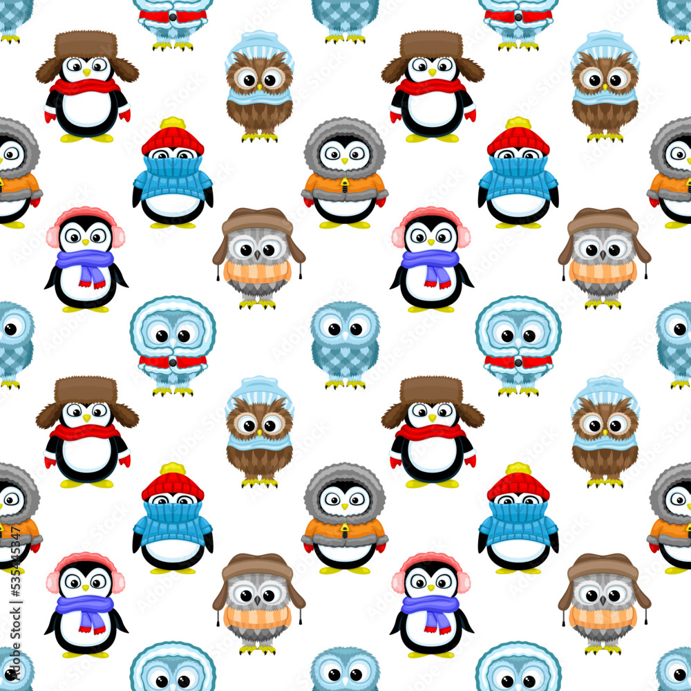 Seamless pattern with penguins and owls on a white background. Seamless pattern with penguins and owls on a white background.