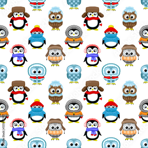 Seamless pattern with penguins and owls on a white background.