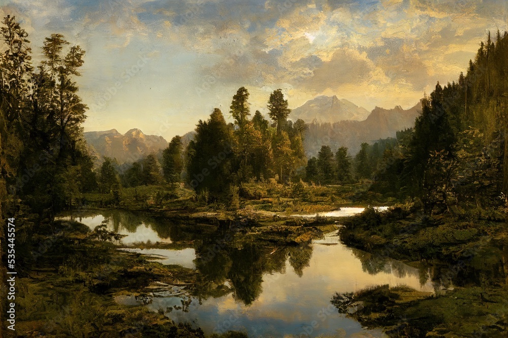 Fototapeta premium Mountains are reflected in a forest river. Forest river water. Mountain valley forest river landscape. River in forest. High quality illustration