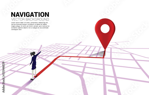 Route between 3D location pin markers and businesswoman on city road map. Concept for GPS navigation system infographic.