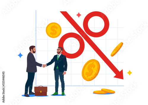 Negative interest rates in investment financial recession. Crisis monetary policy number below zero growth. Businessman deal. Flat vector illustration.