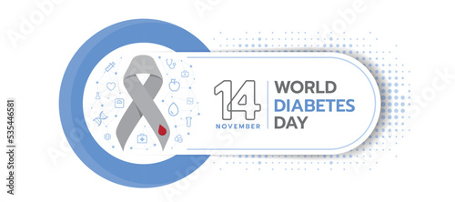 world diabetes day text on white curve conner frame with dot texture background and gray ribbon with drop blood sign in blue circle vector design