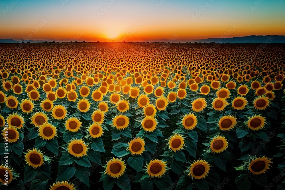 Obraz premium Drone video of sunflower field in a beautiful evening sunset. 4K aerial view of sunflowers in summer evening day. Slow camera movement across a agriculture sunflower crop field.. High quality