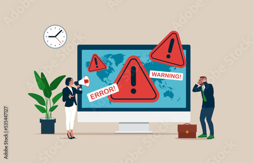 Site Under Construction with programmers at Huge Computer Monitor with Internet Problem Warning. System Work Error, 404 Maintenance Page Not Found. Vector illustration.