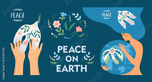 Peace on Earth. Woman and dove of peace. Vector set. Illustration for card, poster, flyer and other