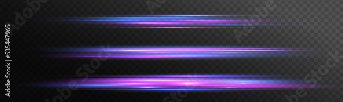 Purple soft horizontal neon lines and lights. Set of abstract lens flares. Flash purple line motion. Laser sparkle beams, glowing violet speed rays, pink light effect. Luminous sparkling lined. Vector