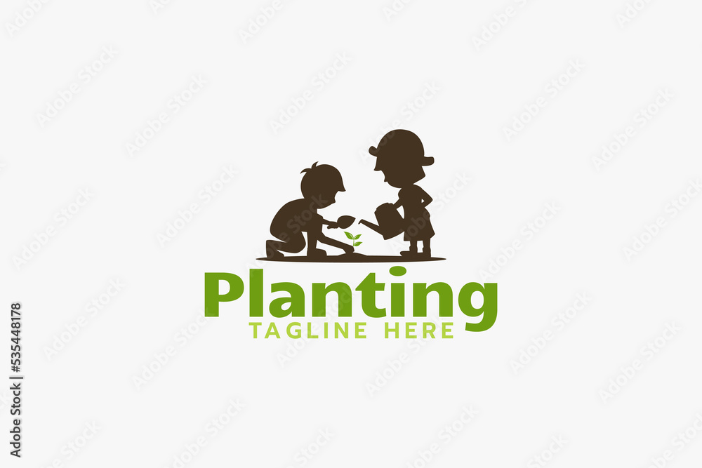 planting logo with silhouettes of two children doing planting activities. planting logo with silhouettes of two children doing planting activities.