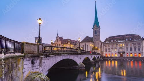 Zurich cityscape Night to Day Time Lapse, Switzerland