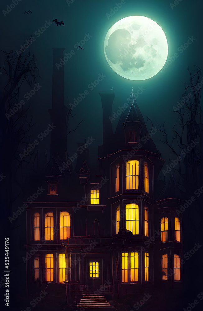 Fototapeta premium Full moon shines over a creepy haunted house. 