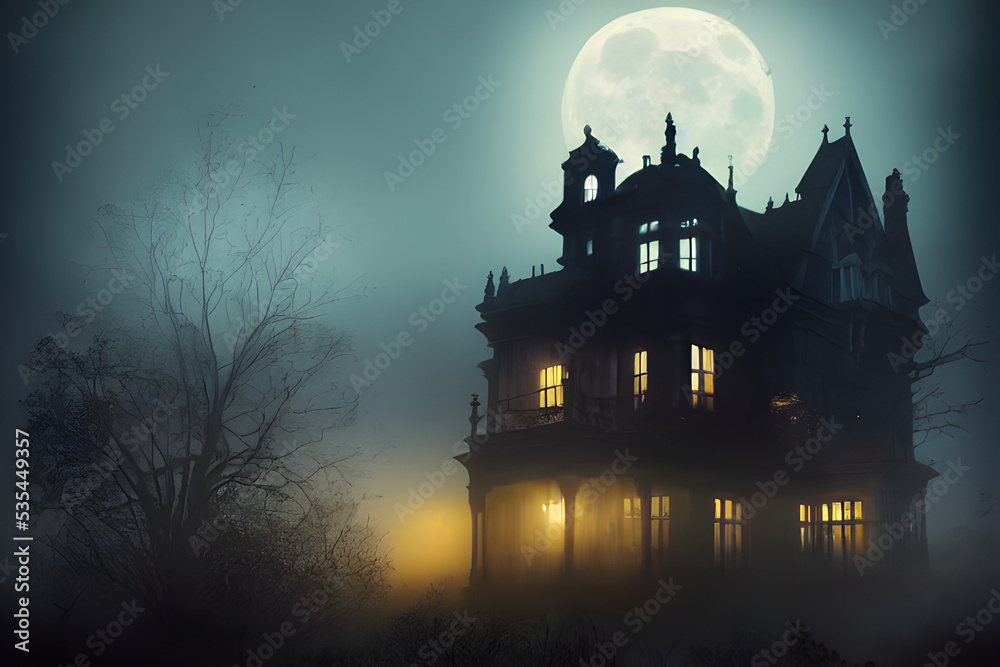 Full moon shines over a creepy haunted house. Full moon shines over a creepy haunted house.