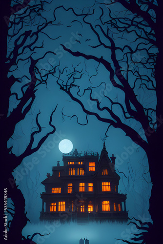 Fotótapéta Full moon shines over a creepy haunted house.