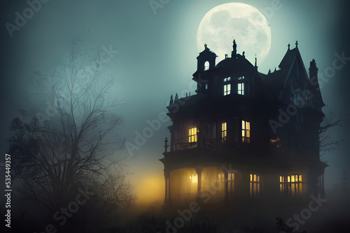 Full moon shines over a creepy haunted house. 