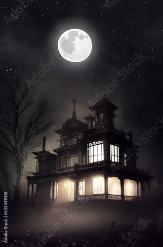 Fototapeta Full moon shines over a creepy haunted house.