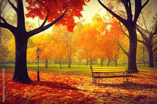 Park on an autumn day with fallen tree leaves, a bench and a lamppost. Autumn season banner. 3D illustration. Copy space. Header.. High quality illustration