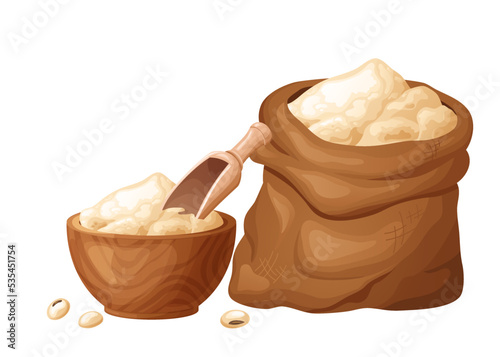 Soy flour in wooden bowl with seeds. Healthy gluten free food. Powde in organic product. Vector illustration isolated on white background