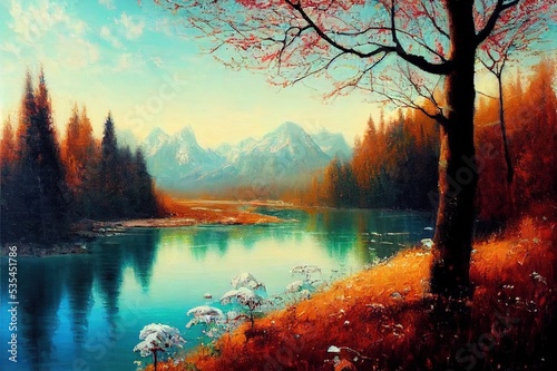 Original oil painting of beautifl spring landscape, forest,snow mountains and river on canvas.Modern Impressionism, modernism,marinism. High quality illustration photo