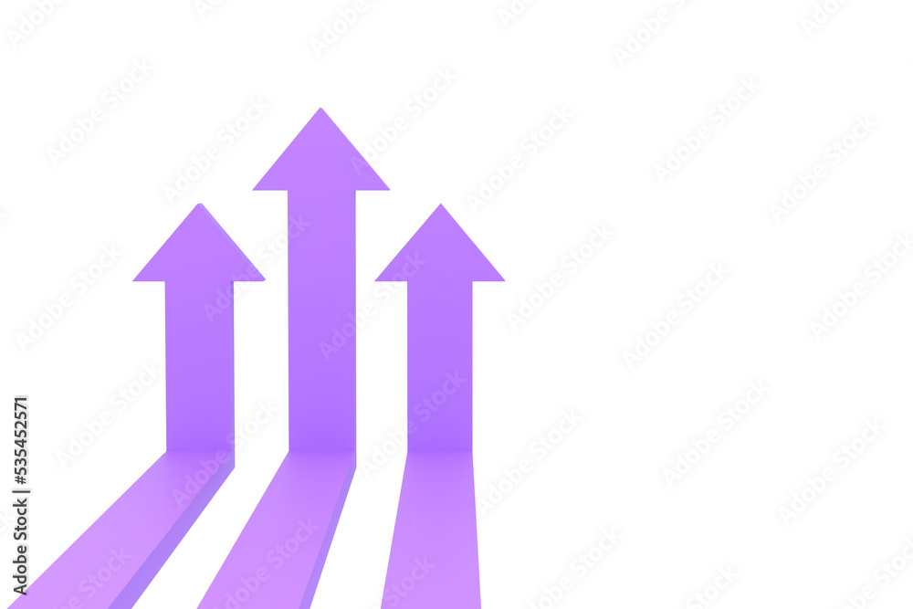 3D. purple  arrows rising on the wall, growth chart or graph investment - booming economic growth breaking record - obrazy, fototapety, plakaty 