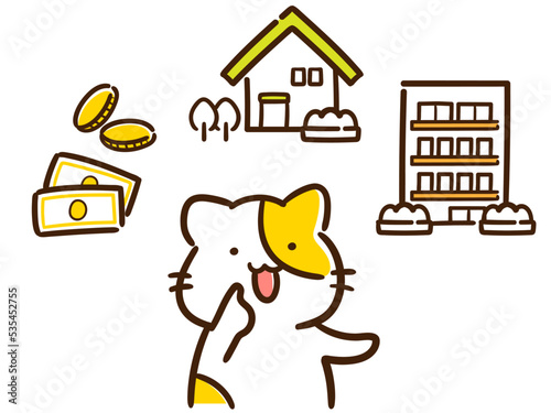 マイホームと賃貸物件の購入を考えるかわいいねこのデフォルメイラスト