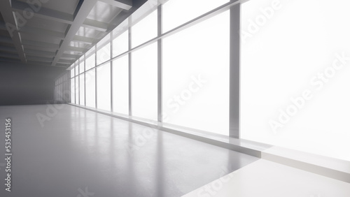 Abstract white and black interior multilevel public space with window. 3D illustration and rendering