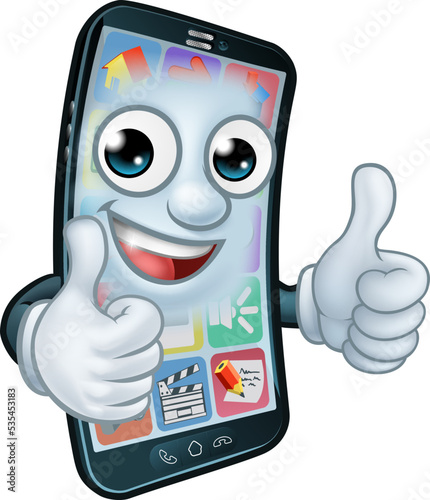 A mobile phone cartoon character mascot giving a double thumbs up.